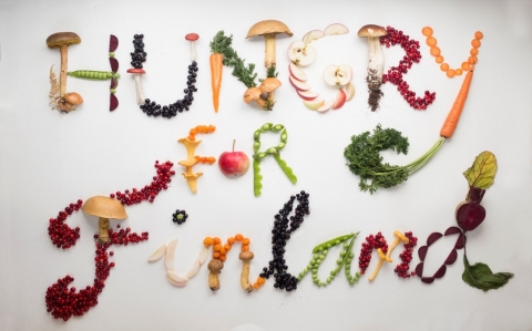 Hungry for Finland written with Finnish vegetables.