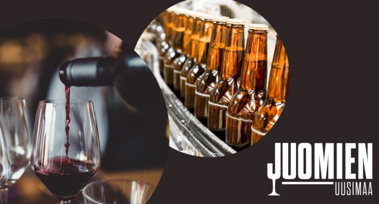 Juomien Uusimaa -logo. Oluita rivissä. Punaviiniä kaadetaan lasiin.