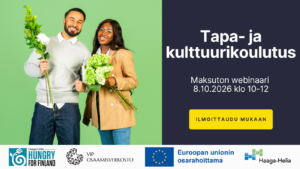 Mies ja nainen pitelevät käsissään kukkia. Tapa- ja kulttuurikoulutus. Maksuton webinaari. Hungry for Finland. vip osaamisverkosto. Eu osarahoittama. Haaga Helia.